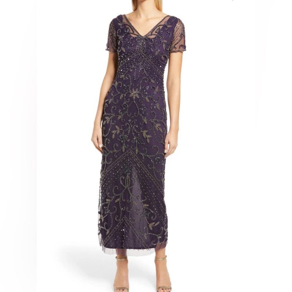 Pissarro Nights Beaded Mesh Column Gown In Plum Purple Size 2